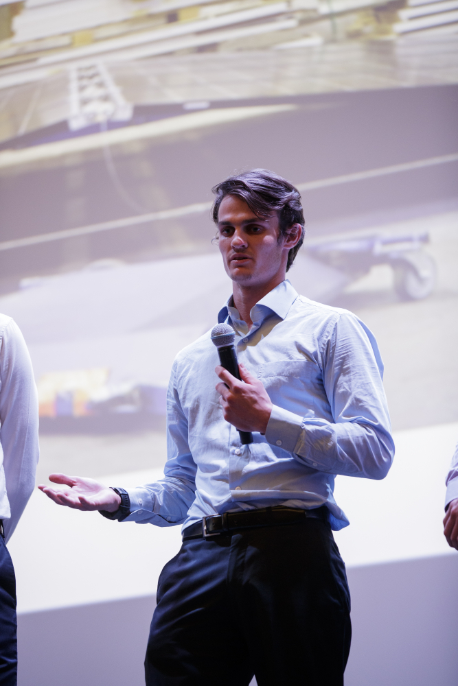 Mitch Evans presenting at the Maker Games finals last year