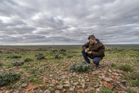 Professor Attila Brungs crouches on a rocky landscape