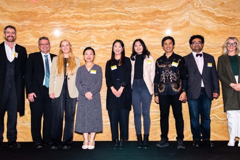Winners of the 3MT competition with UNSW VC Attila Brungs and judges Dr Sonu Bhaskar and Zina Kaye