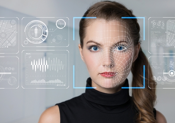 Photo of woman with artificial intelligence face recognition overlay