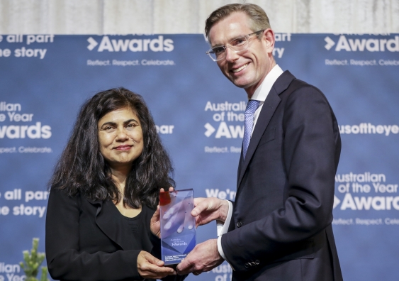 NSW Premier Dominic Perrottet presents Veena Sahajwalla with her award