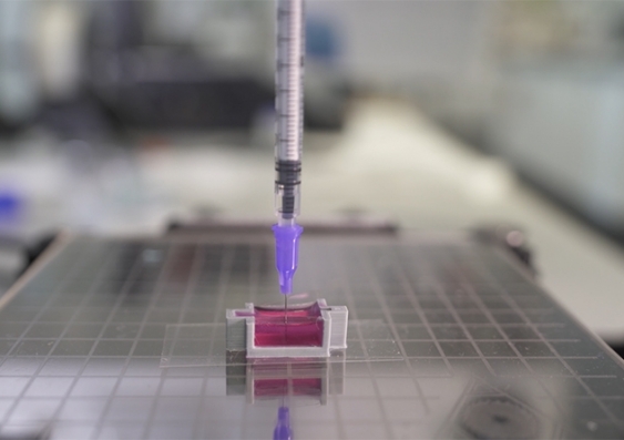 A syringe in a 3D-printer extruding ink into a special gel bath.