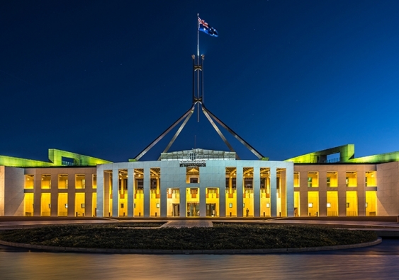 Parliament House in Canberra at night