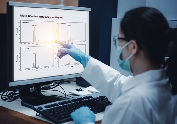 Researcher points to a computer screen displaying spectrometry results