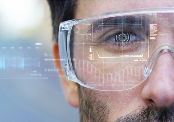 Man wears glasses with holographic augmented reality technology