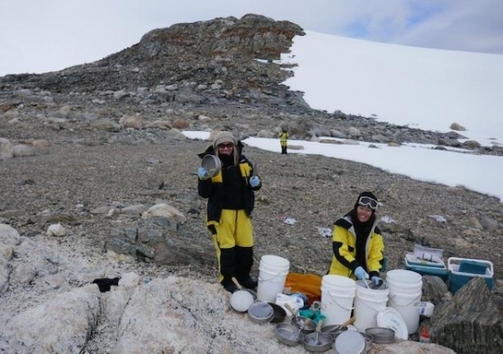 Researchers work on soil samples in Antarctica