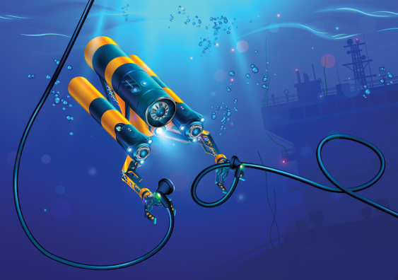 autonomous underwater rov or drone with manipulators or robotic arms