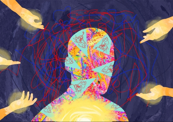 Person surrounded by hands with psychedelic colours and patterns