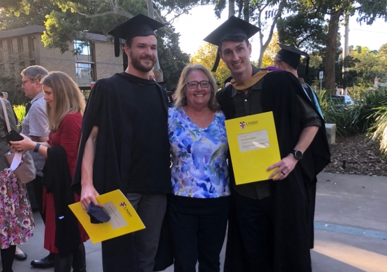 Brandon Jack and Dean Towers with UNSW Elite Athlete Program Manager Helen Bryson at their graduation