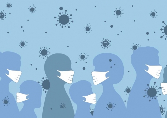 graphic of virus and people wearing masks