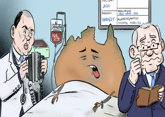 a cartoon representing the Australian economy in hospital and being resuscitated