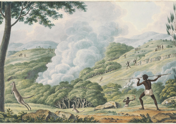 Joseph Lycett, Aborigines using fire to hunt kangaroo 