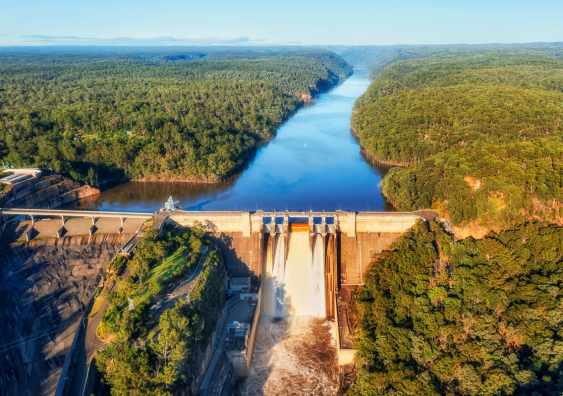 Aerial view of Warragamba dam in the Blue Mountains