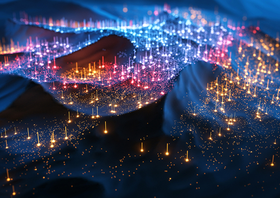 Colourful lights representing data points on a 3D mountainous terrain