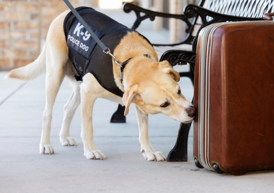 Police dog on a lead sniffing a brown suitcase next to a bench