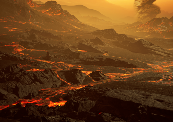 Artist's impression of the rocky terrain and lava rivers on the surface of Gliese 486b