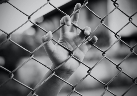 A child's hand behind a fence