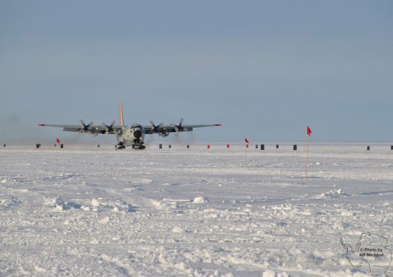 An LC-130 plane landing in Antarctica