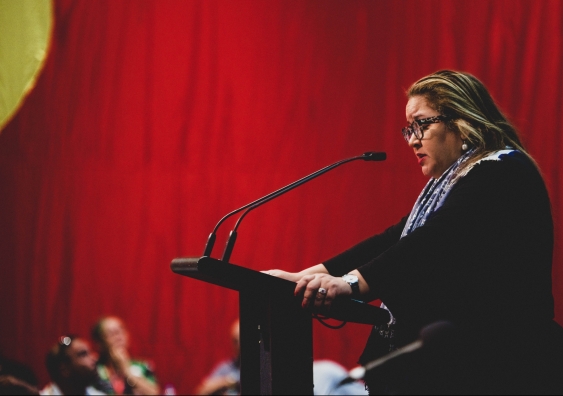 Megan Davis speaks at Uluru before the delivery of the Uluru Statement from the Heart in 2017