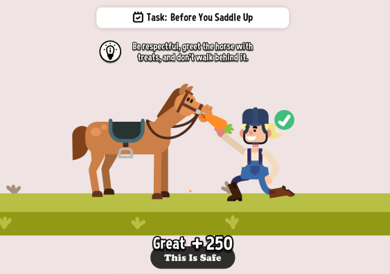 Screenshot of 'Calm Your Farm' game showing interaction with horse in a paddock