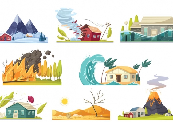 Ilustration of natural disasters including, flood, tsunami and bushfire