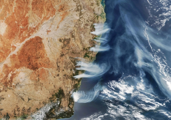 satellite image of bushfire smoke off eastern australia