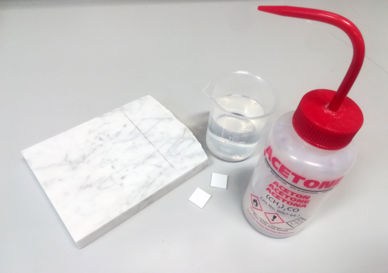 set up of the experiment with marble sample and acetone