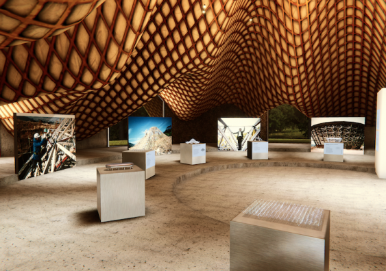 Digital render of the inside of Naiju Community Centre augmented with exhibition