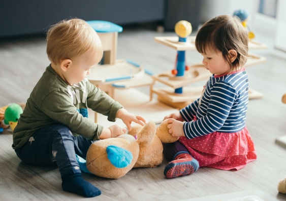 Toddlers playing with toys indoors