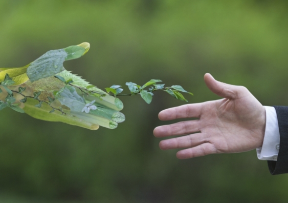A man dressed in a suit reaching out to a green hand symbolising nature.