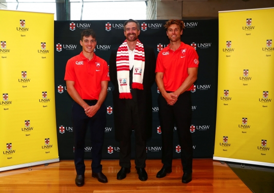 UNSW Vice-Chancellor and President Atilla Brungs with Sydney Swans players and UNSW students
