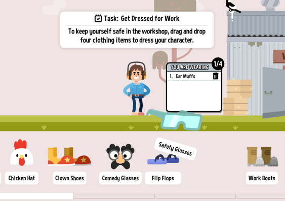 Screenshot of 'Calm Your Farm' game showing clothing selection before workshop task