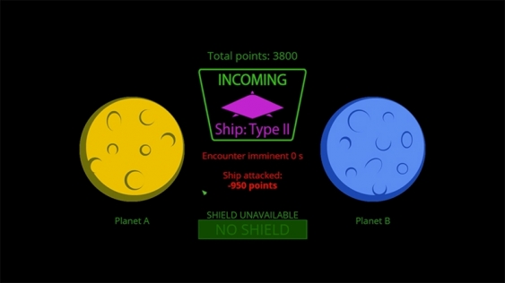 Screen grab of computer game showing two planets and incoming 'pirate' spaceship