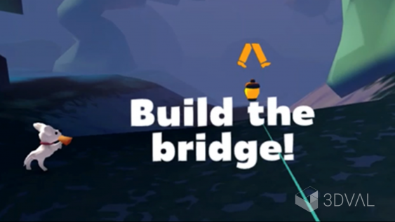 finding home screenshot of a white cartoon dog with words depicting a task to build the bridge