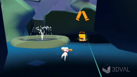 finding home screenshot of a white cartoon dog and a fountain
