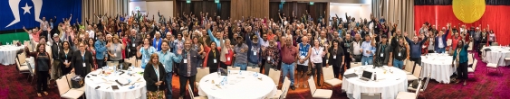Group cheering at Uluru Constitutional Convention in 2017