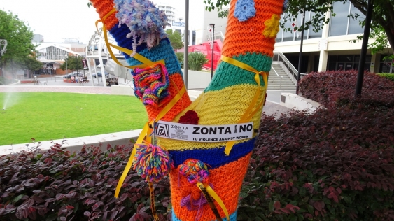 knitting on a tree as part of yarn installations around blacktown for 16 days of activism 2019