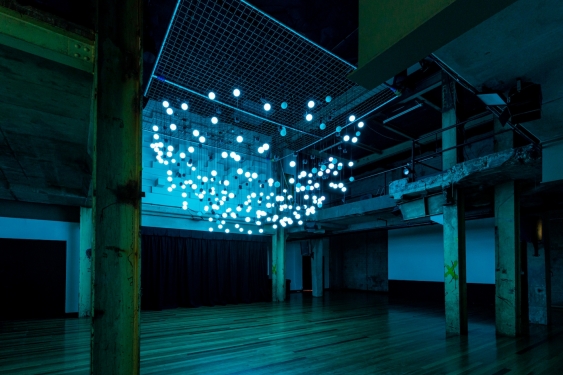 museum digital sculpture installation featuring lights and speakers