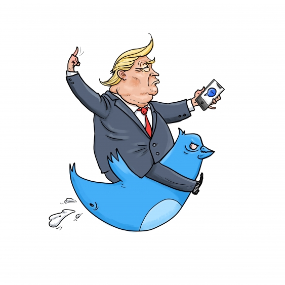 Trump riding Twitter satirical cartoon