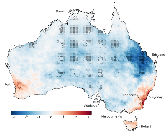 This map shows the changes in annual hail-prone days between 1979-2021 across Australia.