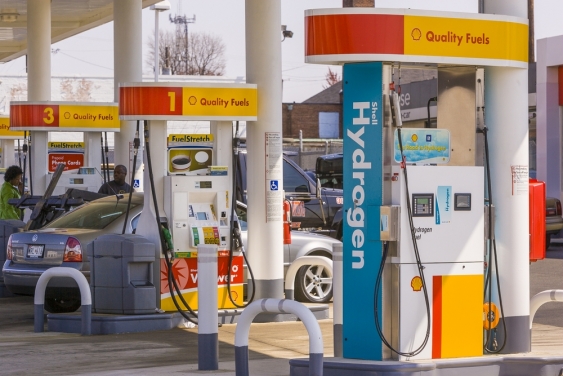 A petrol service station showing a hydrogen fuel pump