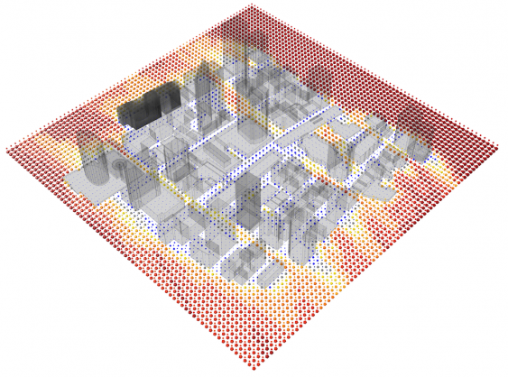urban heat island tool displaying model of city and hotspots