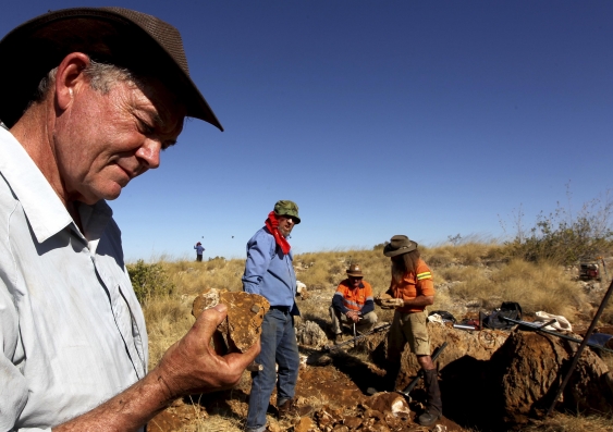 Prof Mike Archer and team  at the newly discovered site. Photo: Tony Walters