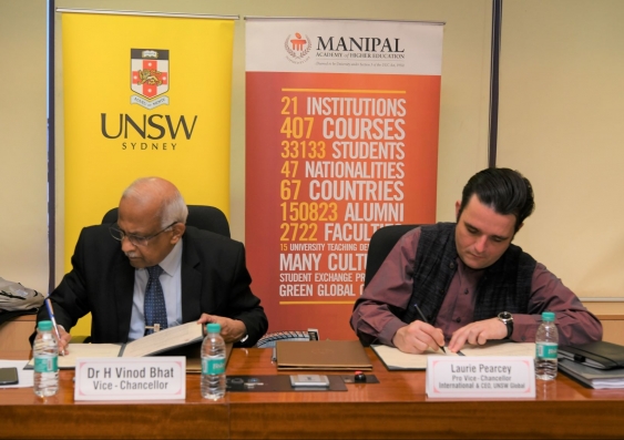 Dr H Vinod Bhat, vice-chancellor of Manipal Academy of Higher Education and Laurie Pearcey, UNSW Pro Vice-Chancellor International and CEO of UNSW Global, signed agreements that will facilitate large-scale two-way mobility of students and announced a new seed funding scheme that will build capacity in India’s higher education system based on joint research.