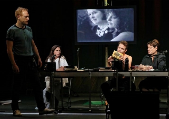 Maura Tierney (second from left) plays Germaine Greer, Scott Shepherd (far left) and Ari Fliakos (second from right) both play Norman Mailer, and Greg Mehrten as Diana Shilling (far right). Photo: Prudence Upton.