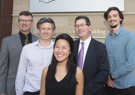 (L-R) Vice-President, Campus life and Community Engagement Neil Morris, Andrew Beehag, Lindy Hua, Professor Ian Jacobs and Matt Hale