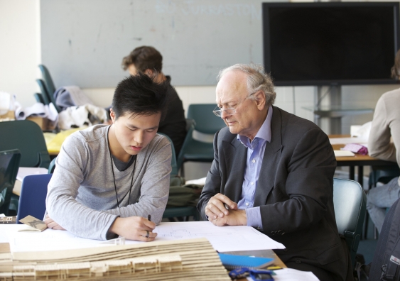 Professor Glenn Murcutt with a UNSW Built Environment architecture student. Photo: Hamish Tawa