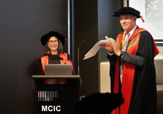 Professor Brian Boyle applauds Professor Jenny Buchan after her Professorial Inaugural Lecture at the Michael Crouch Innovation Centre. Photo: Jenny Evans