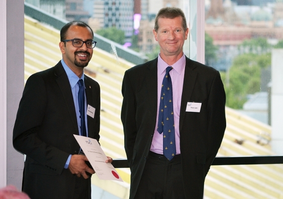 Dr Neeraj Sharma (left) is presented with the Rennie Memorial Medal by Prof Peter Junk, Immediate Past President of the RACI. Picture: RACI