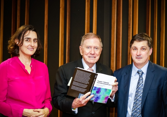 Dr Gabrielle Simm, Michael Kirby and Professor Andrew Byrnes at the launch of a new book, Peoples’ Tribunals and International Law. Photo by Diane Macdonald